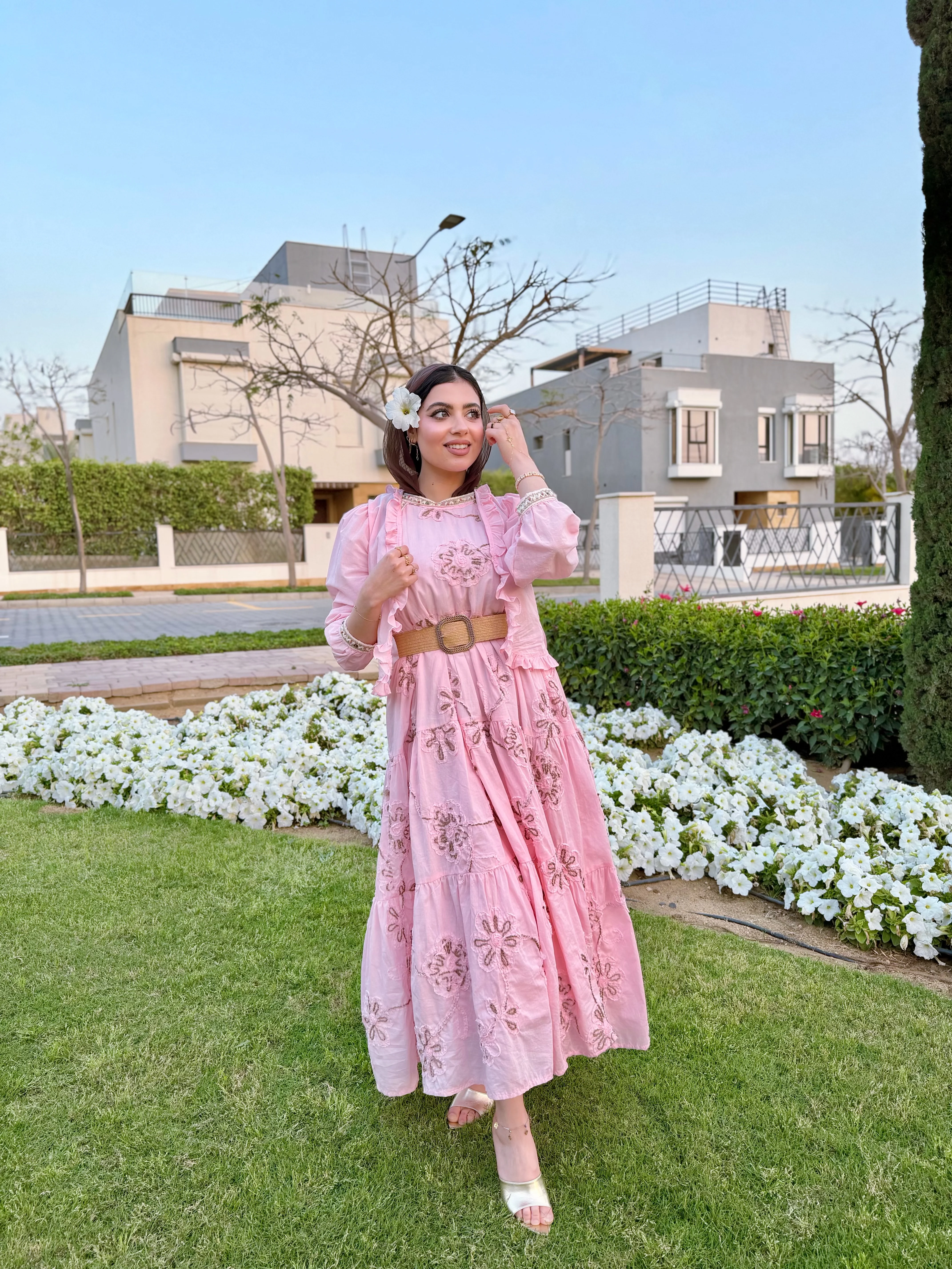 Embroidered golden glow Pink Dress - Image 3