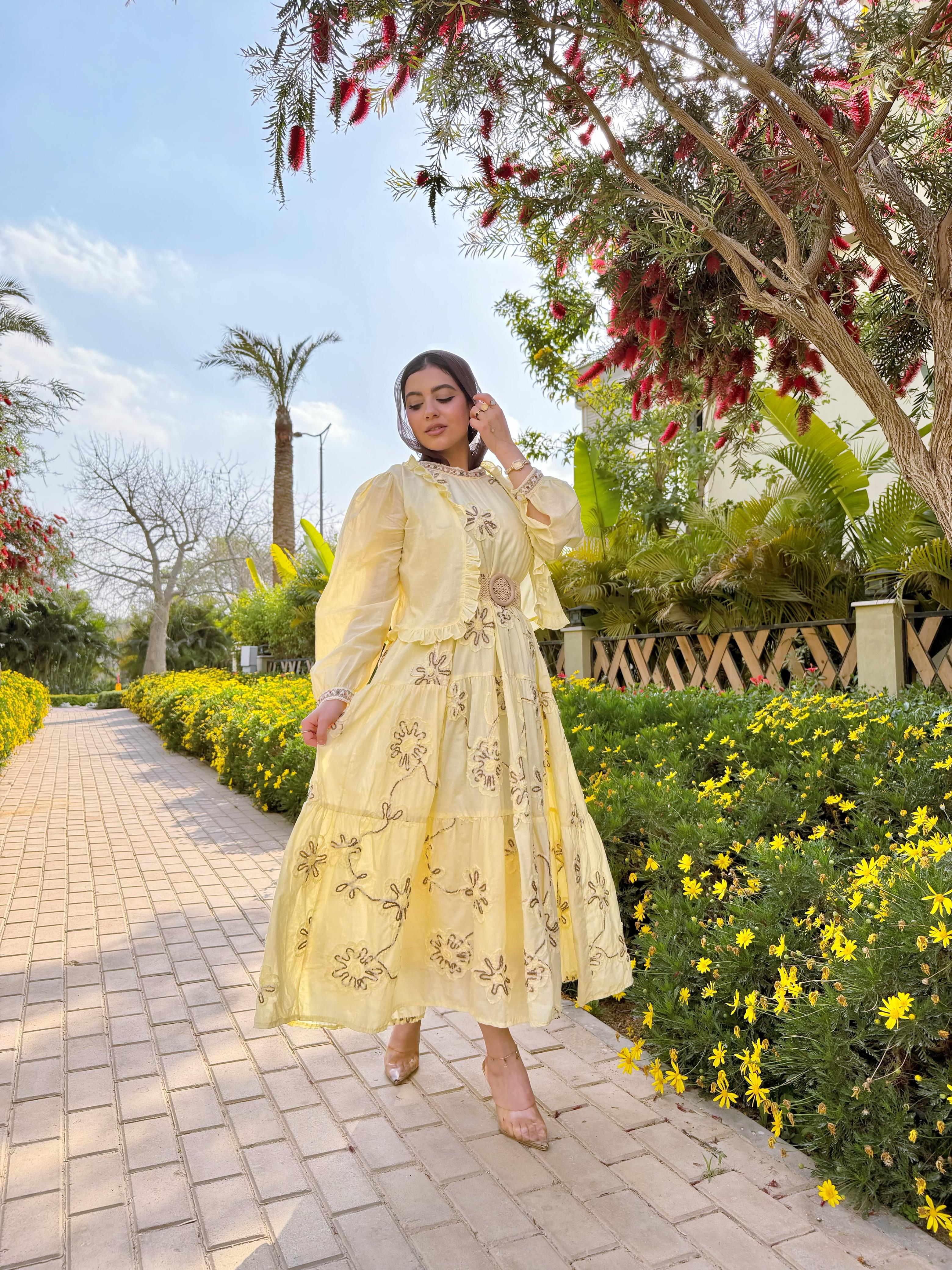 Embroidered golden glow yellow dress