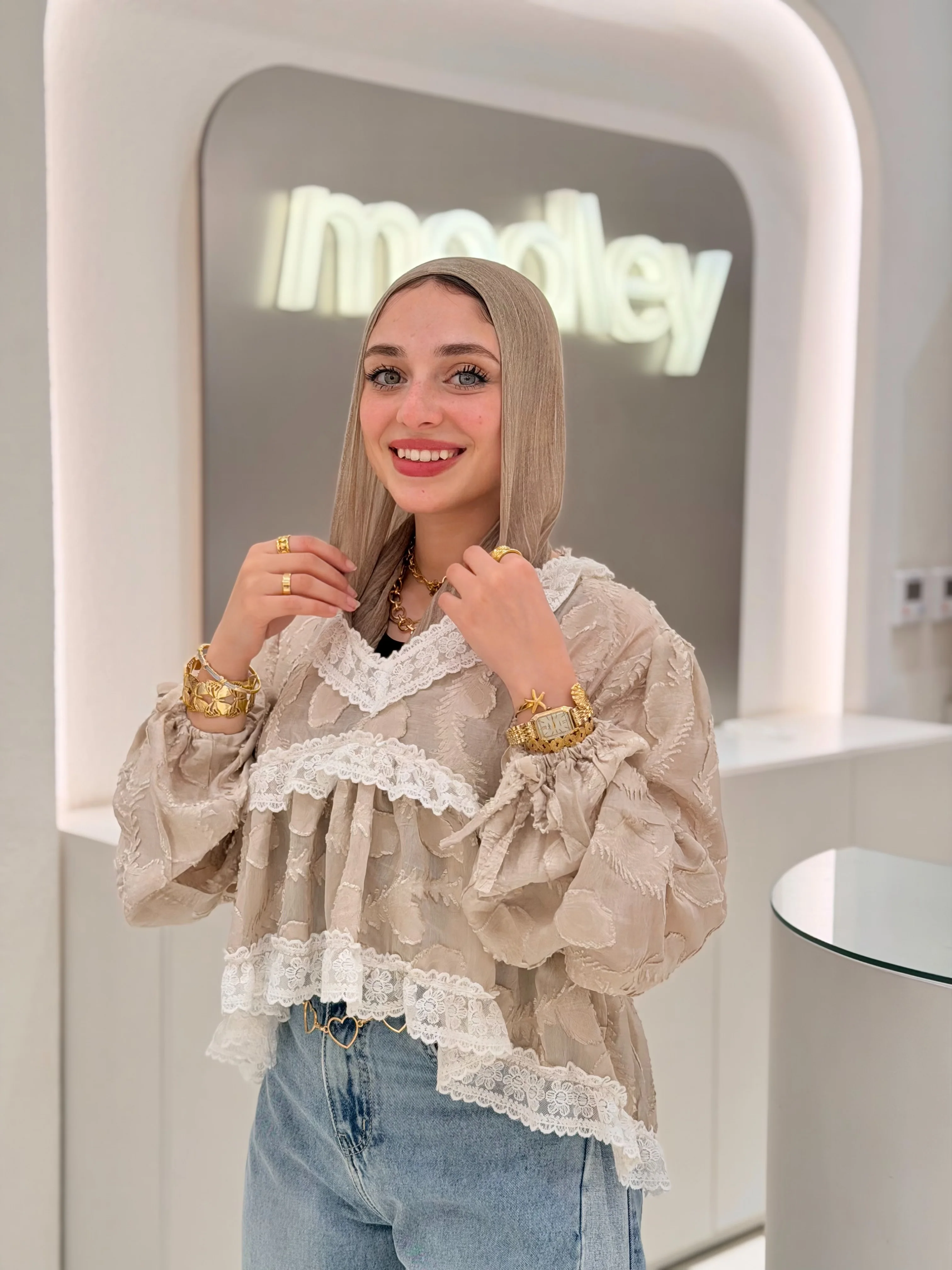 Beige Lace Ruffle Blouse