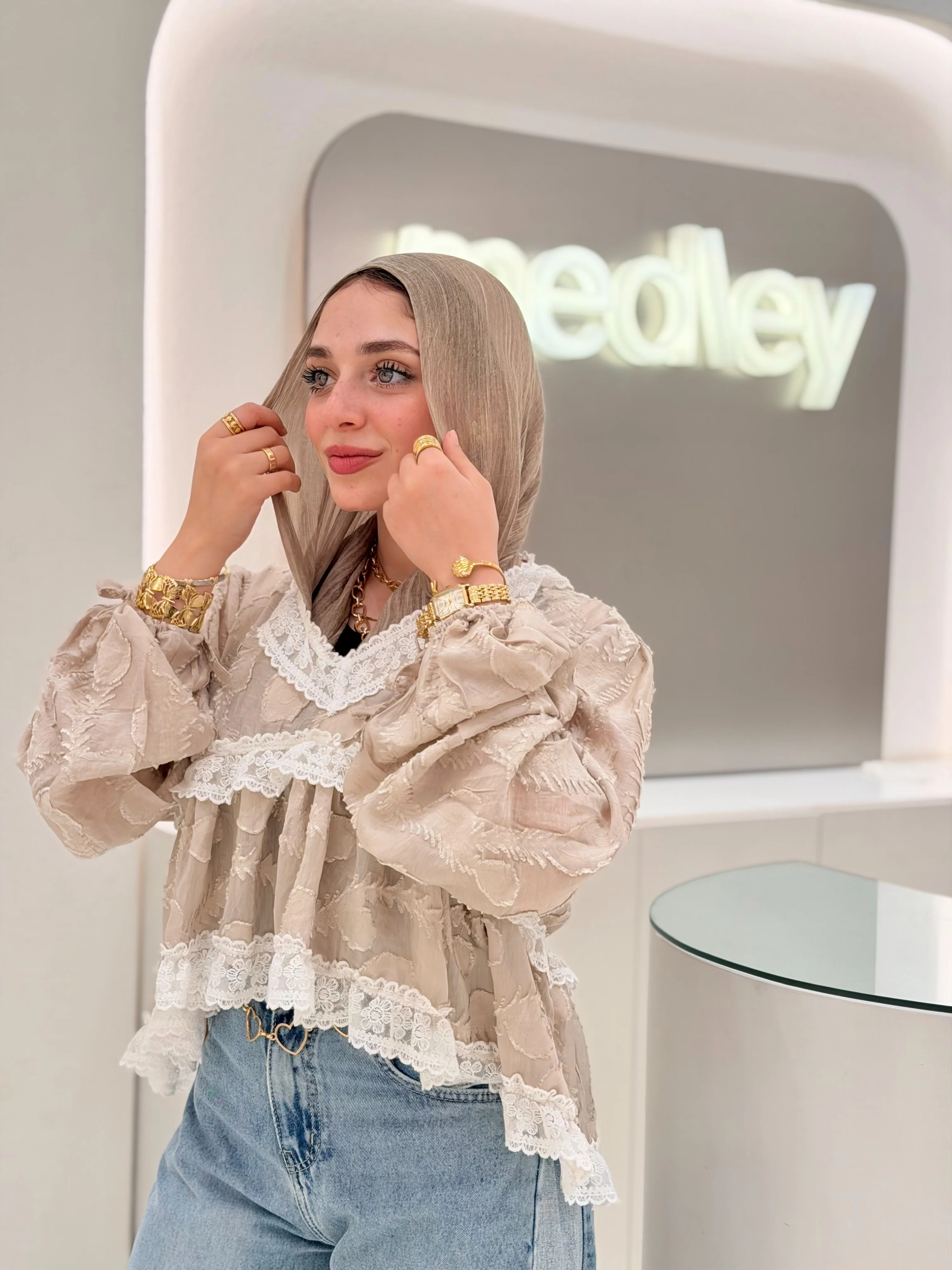Beige Lace Ruffle Blouse - Image 3